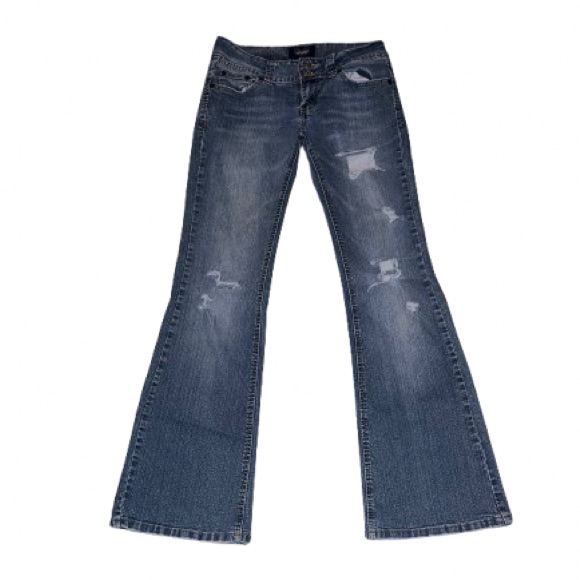 Angels Medium Blue Flare Distressed Stretch Denim Jeans Angels Medium Blue Flare Distressed Stretch Denim Jeans